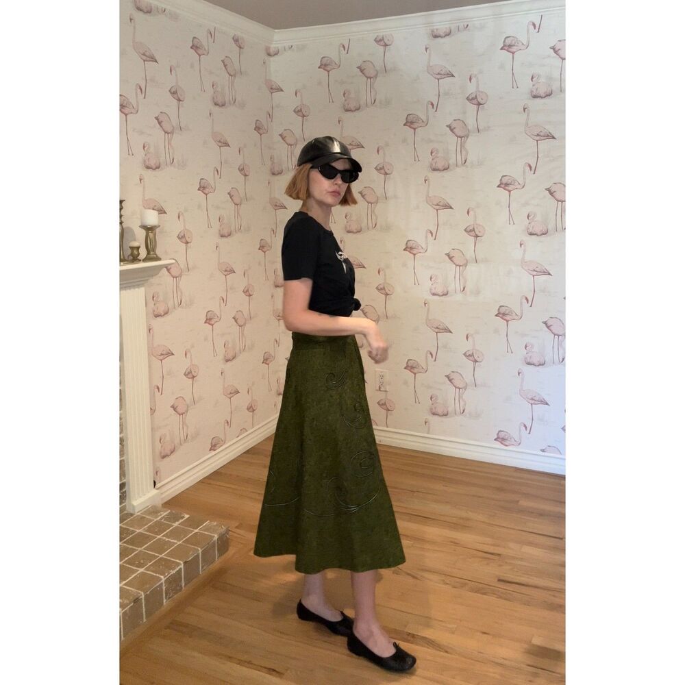 Vintage Handmade 1950s Style Forest Green Wool A-Line Skirt w/ Embroidery Detail